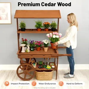 3-Tier Cedar Wood Rolling Plant Cart - 55.12lbs Load 2 Wheels Retro Brown for Indoor Decor
