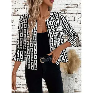 Women’s long-sleeved autumn coat with geometric print, casual slit design, fashionable outerwear for all seasons