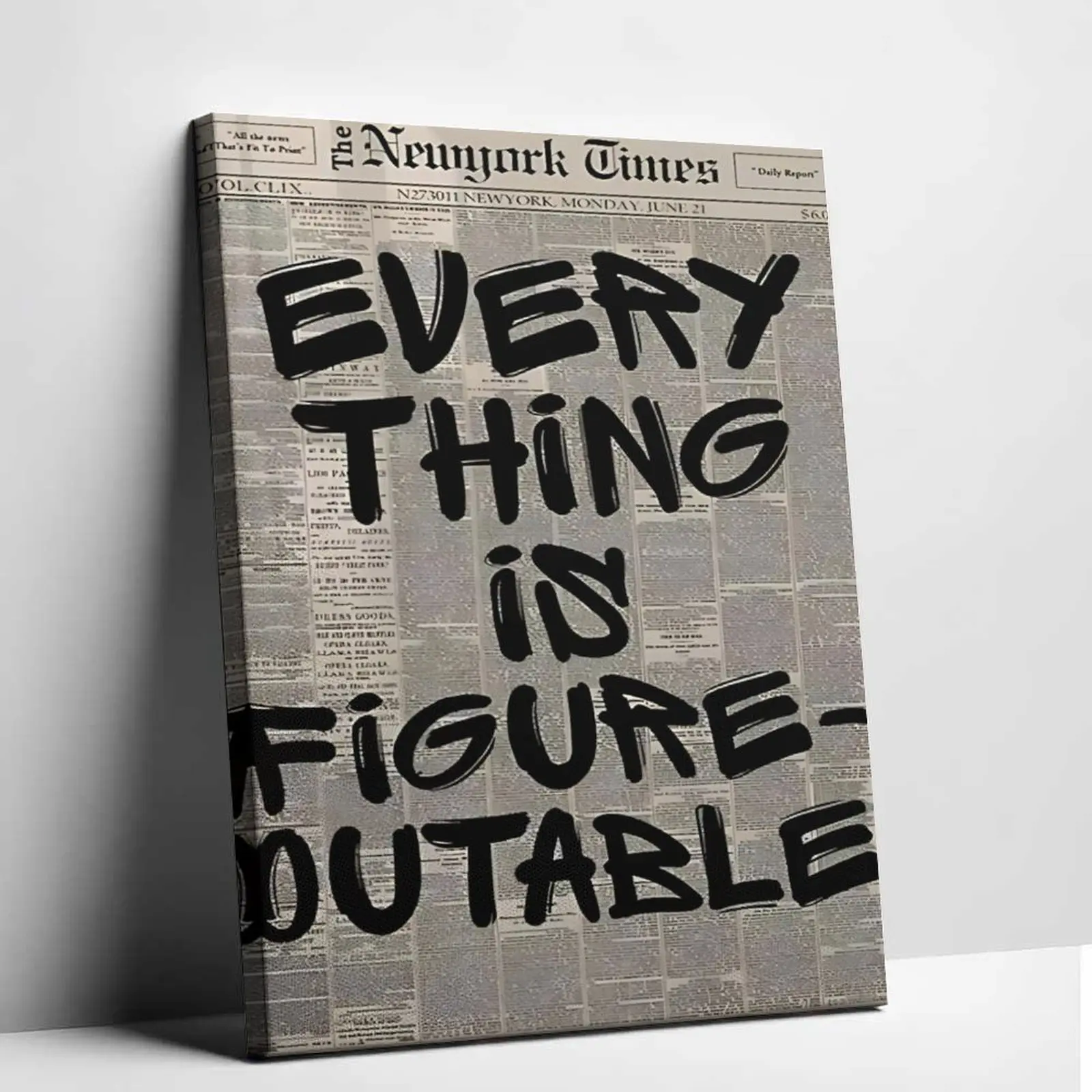 Vintage Newspaper Print Typography Poster, Artistic Motivational Hanging Wall Art with "Everything Is Figureoutable" Quote, Large Indoor Home Room Decoration