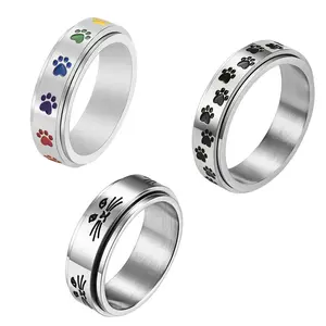 OIDEA 3PCS Womens Mens Dog Paw Spinner Ring Set Stainless Steel Silver Anxiety Fidget Rotating Bands Pet Lover Friendship Family Gift