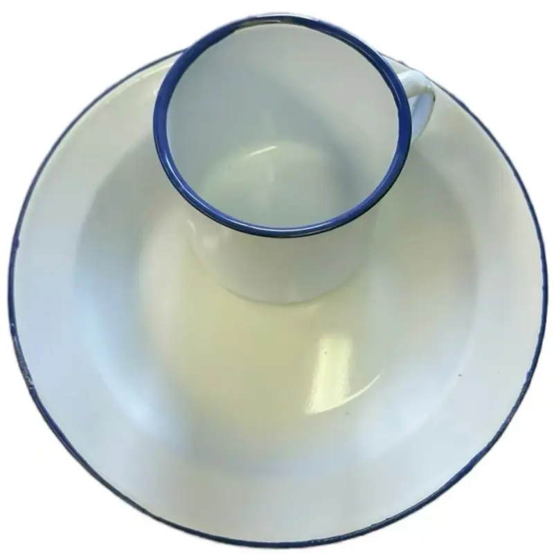 syèt Blan Larj Emaye Enamel Plate 26cm - White Enamel Dinnerware with Blue Rim for Everyday Use set of two