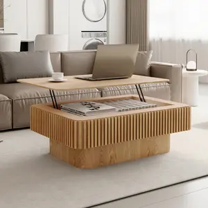 38.6in Solid Wood Veneered Fluted Lift-top Coffee Table - Modern Accent Table with Storage, Adjustable Height for Living Room, Office