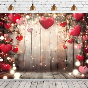 1pc Valentine Backdrop Romantic Red Heart Floral LOVE Text Golden Lights Sparkling for Photo Booth Party Home Decor Indoor Outdoor