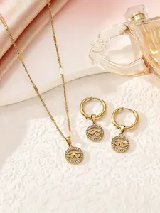 Stainless Steel Double Heart CZ Jewelry Set, Gold Tone, Necklace with Mixed Link Chain and Hoop Earrings with Double Heart Charms, Minimalist Statement Jewelry Set for Women