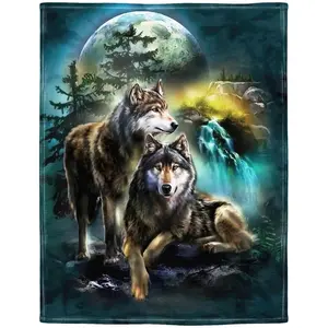 Wolf flannel blanket soft fluffy sofa bed moon wolf green blanket gift  Lightweight, skin-friendly, breathable, and soft.