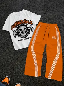 Men's Regular Fit Graphic Slogan Print Tee & Tracksuit Pants Set, Menswear Crew Neck Short Sleeve T-shirt & Pants, Casual Top & Sweatpants for Spring & Fall, Clothes