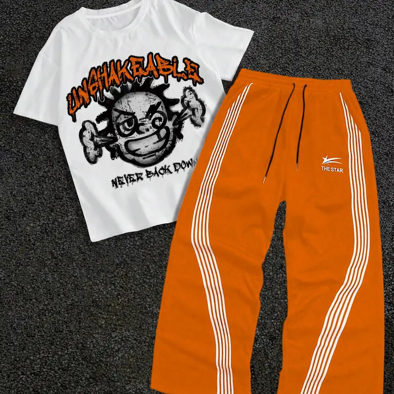 Men's Regular Fit Graphic Slogan Print Tee & Tracksuit Pants Set, Menswear Crew Neck Short Sleeve T-shirt & Pants, Casual Top & Sweatpants for Spring & Fall, Clothes