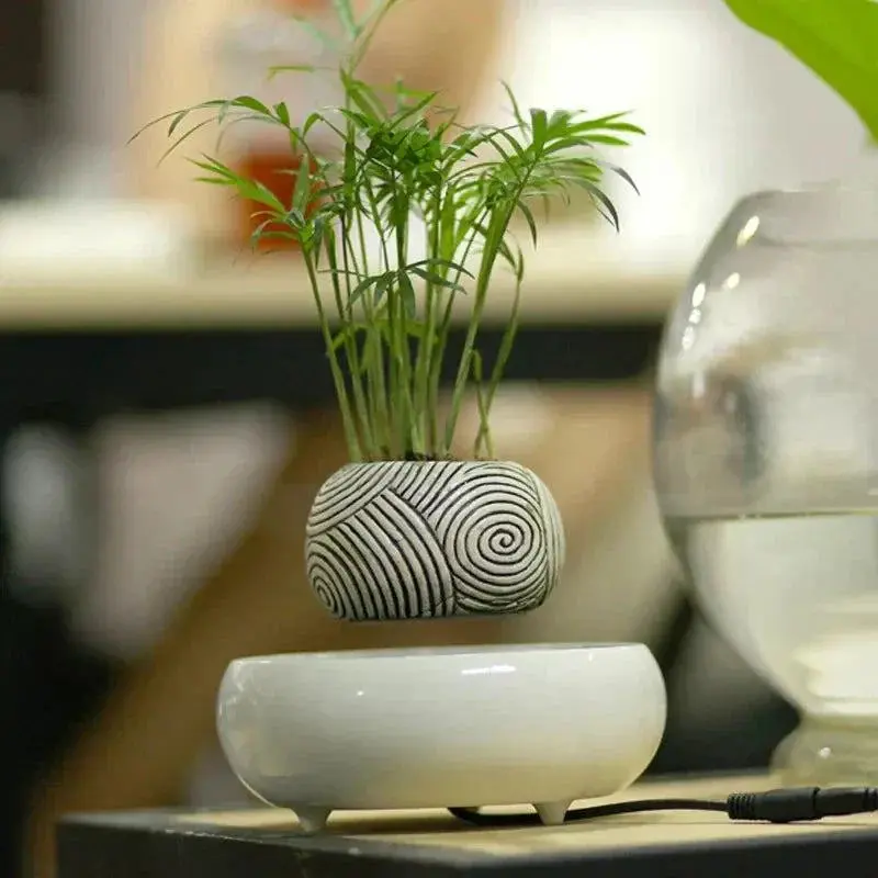 Magnetic Levitating Bonsai Pot, Office Decor Garden Planter with LED Base, AC Adapter, 1 × Power Adapter, Includes Guide