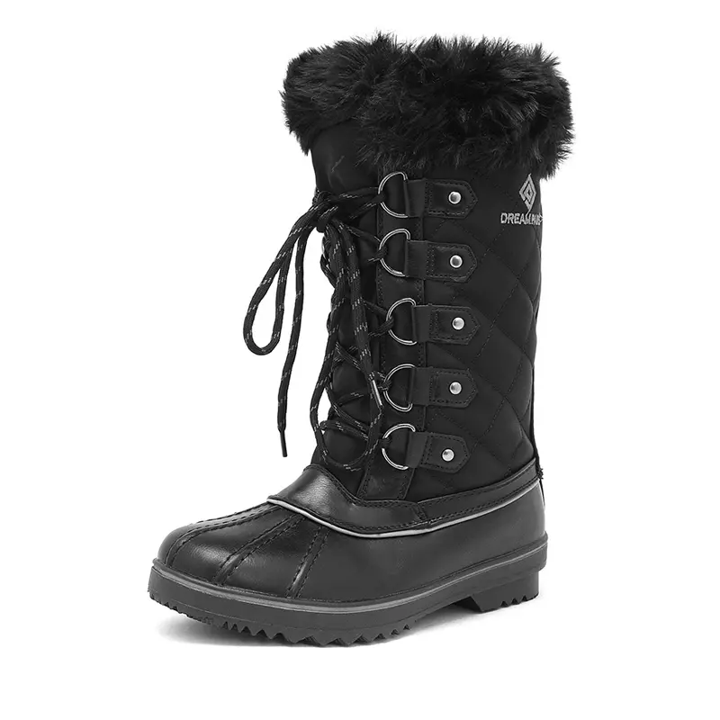 Dream Pairs Women's Mid-Calf Round Toe Synthetic Fur Laced Zip Rubber Waterproof Boots - 1.5 in Heel, Warm Outdoor Walking Footwear, Classic, Laces, Outdoors