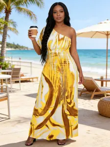 Trendy Summer Fashion Women's Asymmetrical Neck One Sleeve Loose Bohemian Dress, Casual Trendy Boho Style Long Dress for Daily Wear & Outdoor Activities