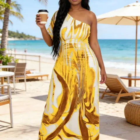 Trendy Summer Fashion Women's Asymmetrical Neck One Sleeve Loose Bohemian Dress, Casual Trendy Boho Style Long Dress for Daily Wear & Outdoor Activities, Boho Summer Dresses