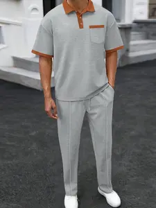 Summer Casual Men's Waffle Set, Colorblock Pockets, Drawstring Waist, Straight Leg Pants, Two-Piece, Versatile and Stylish