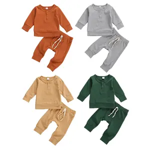 2Pcs Toddler Outfits, Solid-Color O-Neck Long-Sleeves Button Front Top + Elastic-Waist Pants for Baby Boys, Girls, 0-18 Months