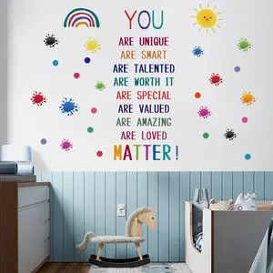 Colorful Inspirational Quote Wall Stickers, Motivational Quotes Decor, Watercolor Paint Splatter, Handprint Positive Speech, Kids Room Decoration, Decorative Stickers, Waterproof Wall Decal