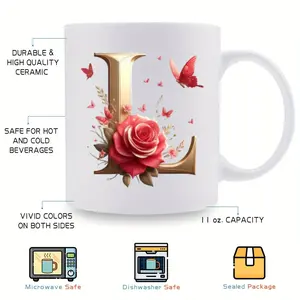 BPA-Free 11oz Ceramic Mug Featuring Alphabet and Floral Design Perfect for Different Celebrations and Events