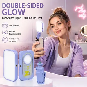 Front & Rear Dual LED Phone Ring Light, 12 Adjustable Modes (Warm/Natural/Cool), Rechargeable with 360° Adjustable Shooting Angle, Clip Included - White/Pink/Purple, Portable, Selfie, Accessories, Smartphone