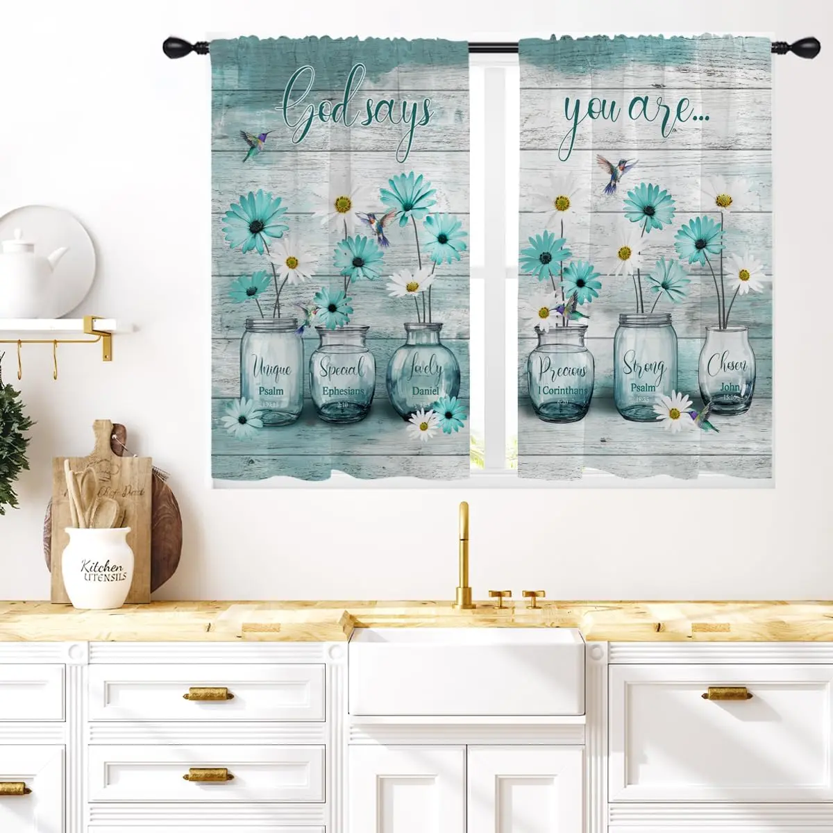 Teal Floral Kitchen Window Curtains 27.5 x 39 Inch Small Short Mini Cafe Rod Pocket Turquoise Aqua Flower White Daisy Fun Living Bedroom Room Home  Set of 2 Curtain Panels Drapes Tiers