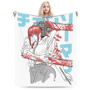Denji And Poshita Red Knitted Blankets Chainsaw Man Flannel Throw Blanket Bed Sofa Portable Ultra-Soft Warm Bedspread