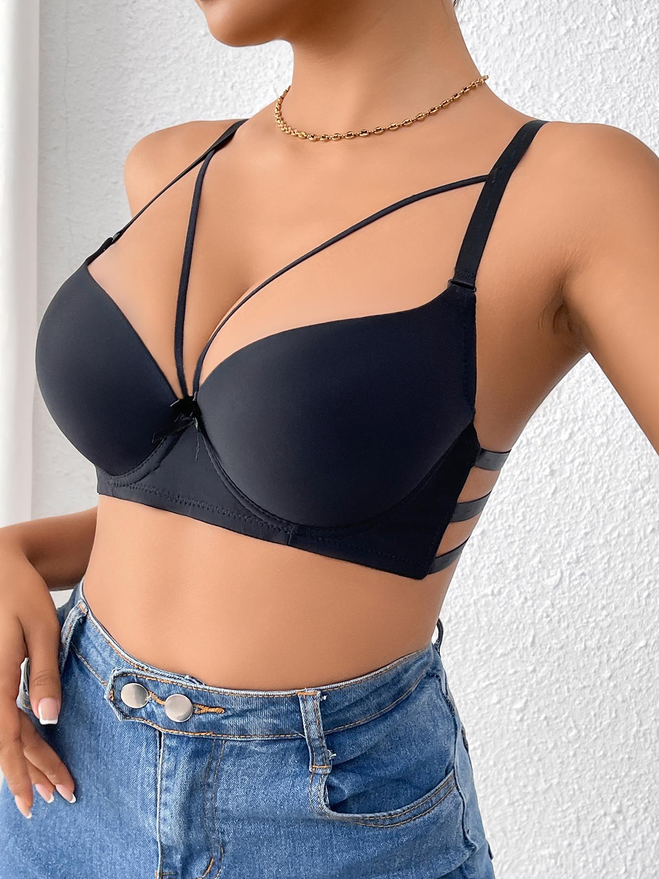 Sexy Push Up Bra for Women, Black Deep V Bralette with Strappy Back Design, Wireless Lace-Up Supportive Bra for Club & Party Outfits