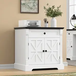 Farmhouse End Table with Storage, 29.9" Large End Tables Living Room, Sofa Side Table with Drawer and Barn Door, Wooden Square Night Stand for Bedroom, Living Room, White