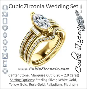 CZ Wedding Set, featuring The Kaitlyn engagement ring (Customizable Marquise Cut with Flanking Baguettes And Round Channel Accents)