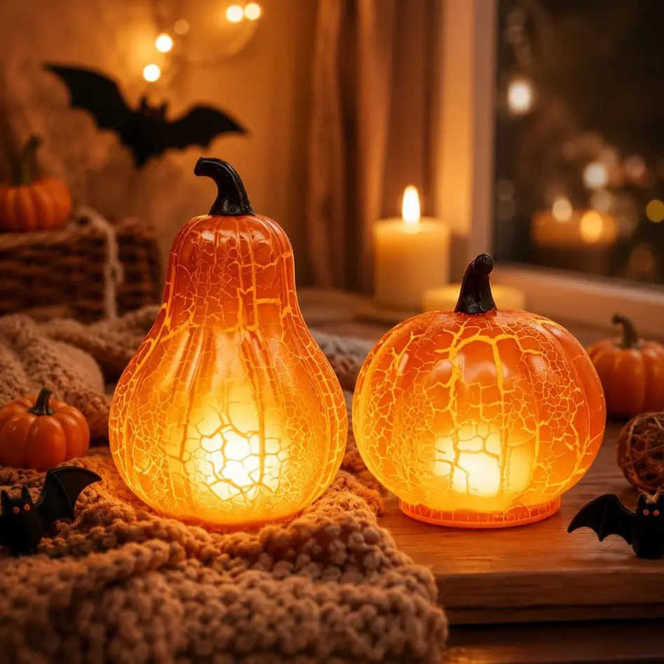 Halloween Pumpkin Light Decor, Glowing LED Pumpkin and Gourd Tabletop Lantern with Crackle Glass Effect, Warm Fall Home Decoration for Mantel, Window, Table, Party, Autumn Harvest Decor, Glowing Halloween Pumpkin Lights, Crackle Pumpkin & Gourd Decor