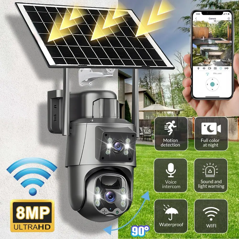【Black Friday】 8MP HD Video Solar-Powered Outdoor Wireless WiFi Security Camera for Home, Wall-Mountable, with Solar Panel, Rechargeable Battery, Remote Access, SD Slot, Local Recording, Waterproof, Audio Function, Stable Connection, 10x Zoom