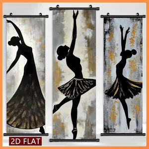 3 Pcs Ballet Dancer Scroll Painting HD Print Canvas Wall Art, Modern Art Style with Silhouette & Gold Accents, Living Room Bedroom Wall Decor
