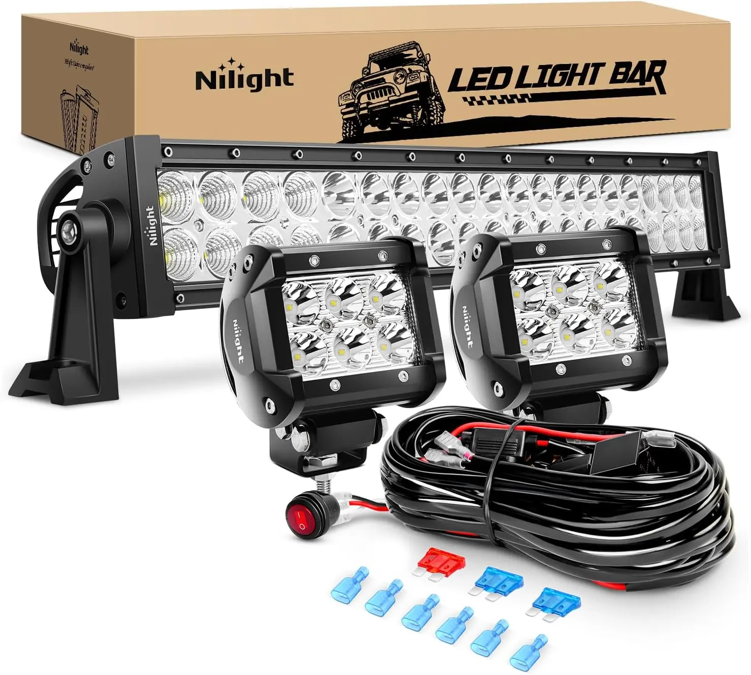 Nilight 120W 22 Inch LED Light Bar Combo – Includes 2×18W 4” Spot Pods, Fog Lights & 16AWG Wiring Harness Kit (2 Lead) for Off Road, Truck, SUV, ATV bight Underglow Car, Led Work Light,car accessories