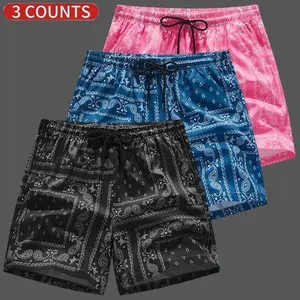 3-pack men's paisley drawstring pocket shorts, men's casual sports shorts, elastic waistband and pocket design, breathable men's sports pants for summer, suitable for everyday wear, summer shorts, a must-have item for spring.