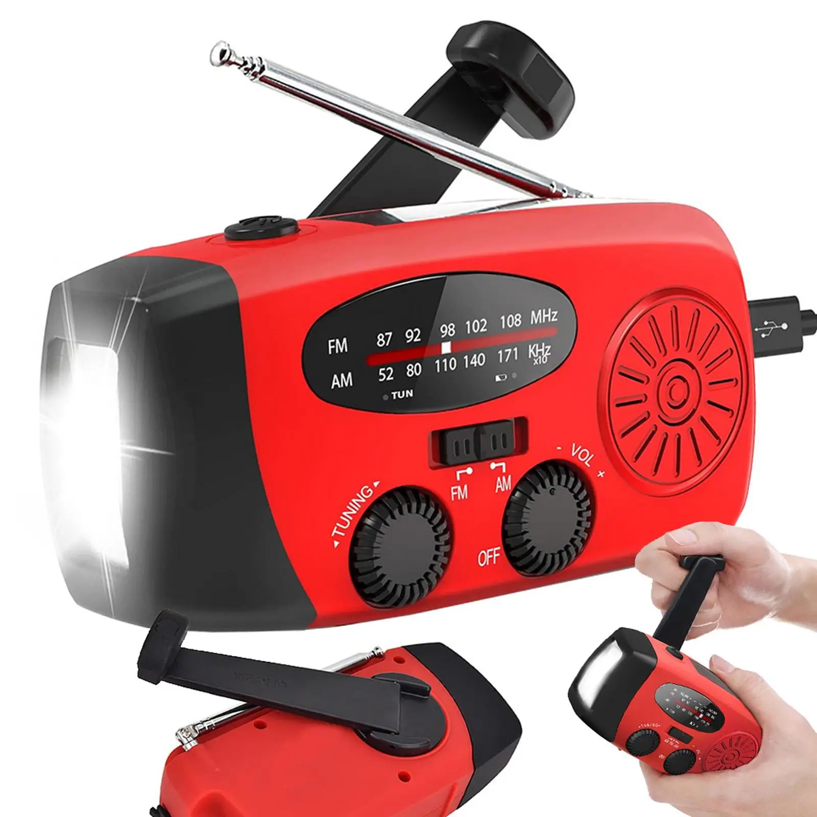 Portable Solar Powered Radio, Multifunctional Emergency Hand Crank Radio with 3 LED Flashlight, AM/FM/NOAA Weather Band Radio for Outdoor Camping, Hik