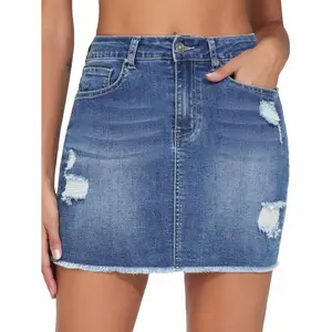 Women's Ripped Denim Mini Skirts Stretchy Frayed Raw Hem Casual Trendy Jean Skirt with Pockets