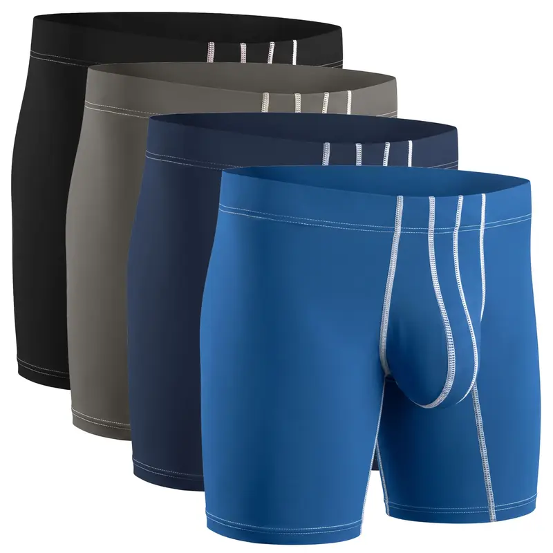 Men's 9in Nylon Boxer Briefs 4pk - ABCD Pouch, Personalized Fabric, Breathable, Anti-Chafing Athletic Activewear (Black, Dark Blue, Gray, Light Blue), No