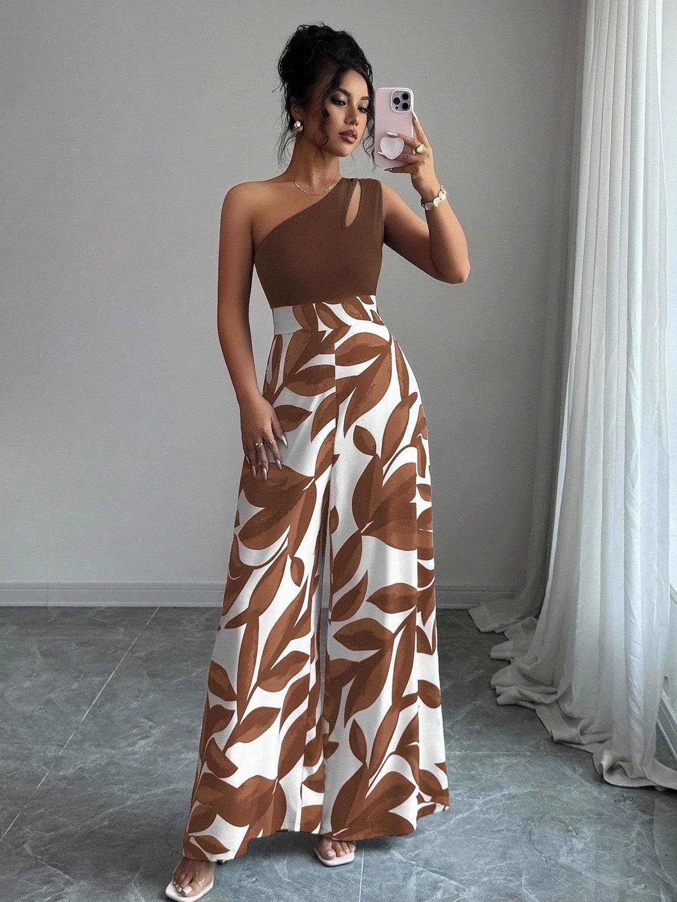 ASANDY Women's One Shoulder Cutout Wide Leg Jumpsuit Leaf Print High Waist Colorblock Casual Jumpsuit Elegant Silhouette Versatile Style Perfect For Vacation Date Night Streetwear & Daily Looks