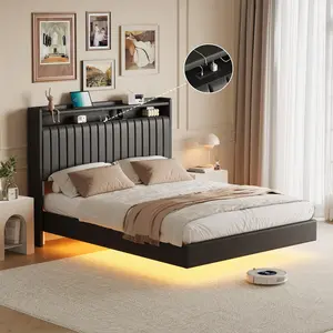 Full Size Floating Bed Frame with RGB LED Lights & Charging Station, Upholstered Platform Bed Frame with Storage Headboard, Gery