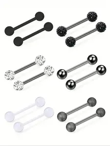 12pcs Simple & Stylish Stainless Steel Pierced Tongue Rings, Nipple Rings, Nose Rings, Ball Straight Barbell Tongue Studs, Nipple Studs Suitable For Daily Wear Piercing