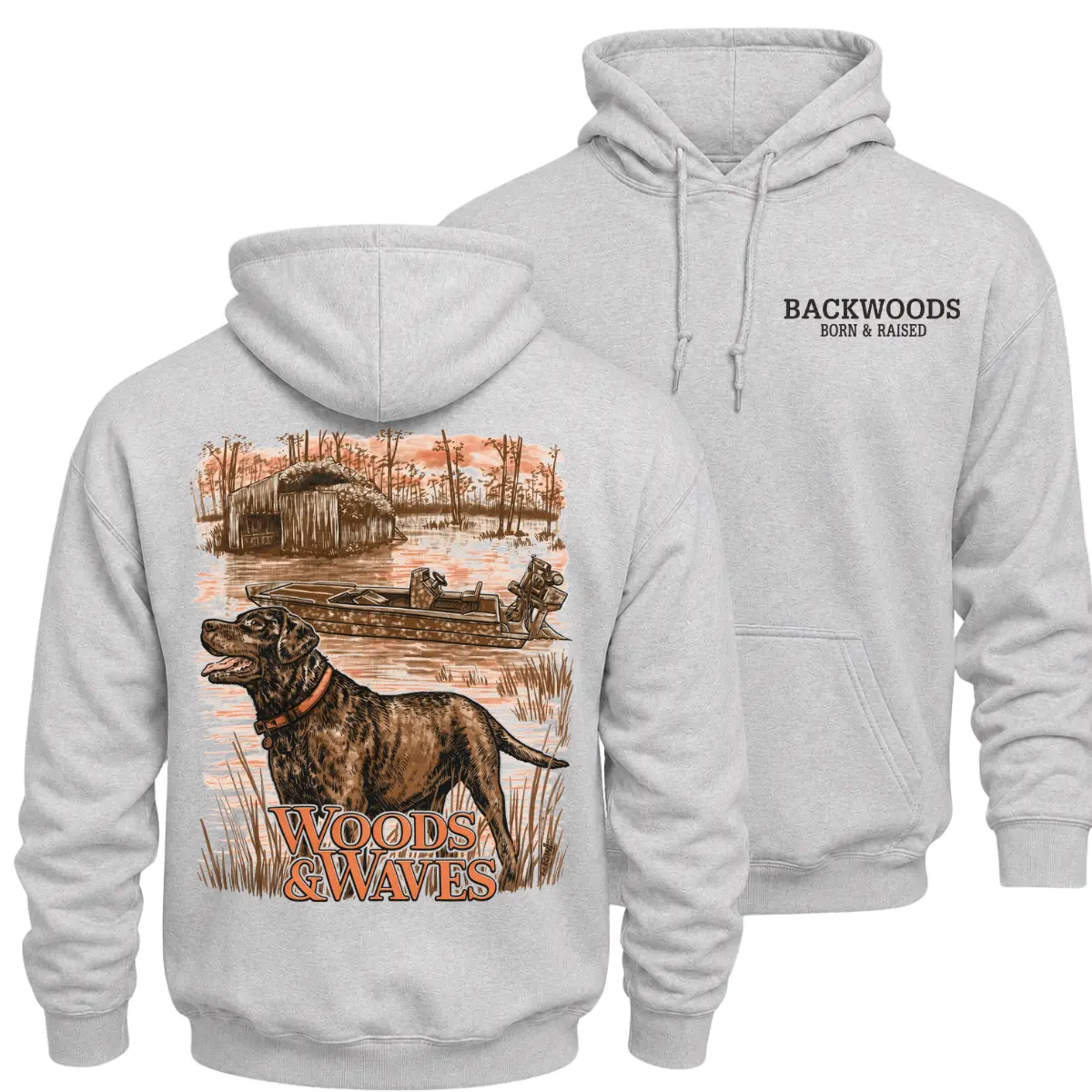 Backwoods Born and Raised Woods and Waves Hunting Dog Hoodie, Chocolate Labrador Swamp Boat Graphic Pullover, Front Chest Logo and Large Back Print Outdoor Hunter Apparel, Southern Hunting Gift for Men and Women