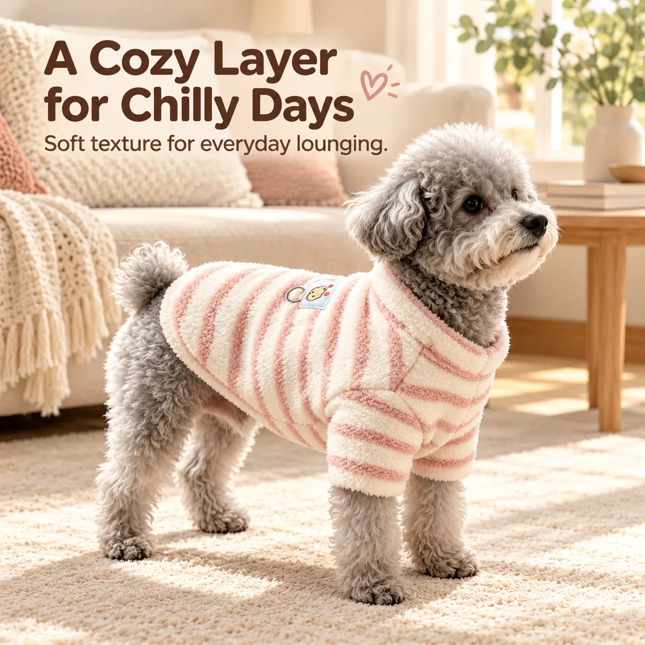Striped Plush Dog Sweater with Built-in D-Ring, Soft Fleece Puppy Shirt, Warm Turtleneck Dog Outfit for Small Dogs, Winter Pet Clothes for Walking