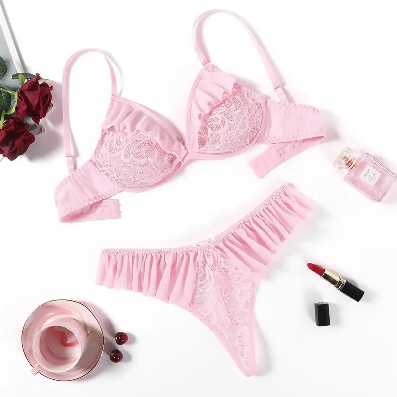 Avidlove Lingerie For Women 2 Piece Lace Bra and Panty Sets Mesh Ruffle Underwear Outfits S-XXL Soft Nylon Spandex Bridal Bridal Shower