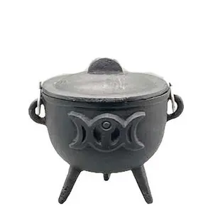 Triple Moon Cast Iron Cauldron with Lid — 4.5" Goddess Symbol Altar Vessel