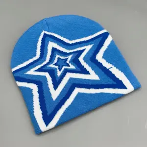 Y2K Unisex Beanie Quality Wool Cap with Star Design, Blue Color, Ideal for Men and Women, Fashionable Style
