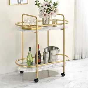 24/7 Shop At Home Modern Gold and Faux Marble 2-Tier Cocktail Serving Cart with Casters for Dining Room, Home Bar Organiser Light, Metal Drinks Cart
