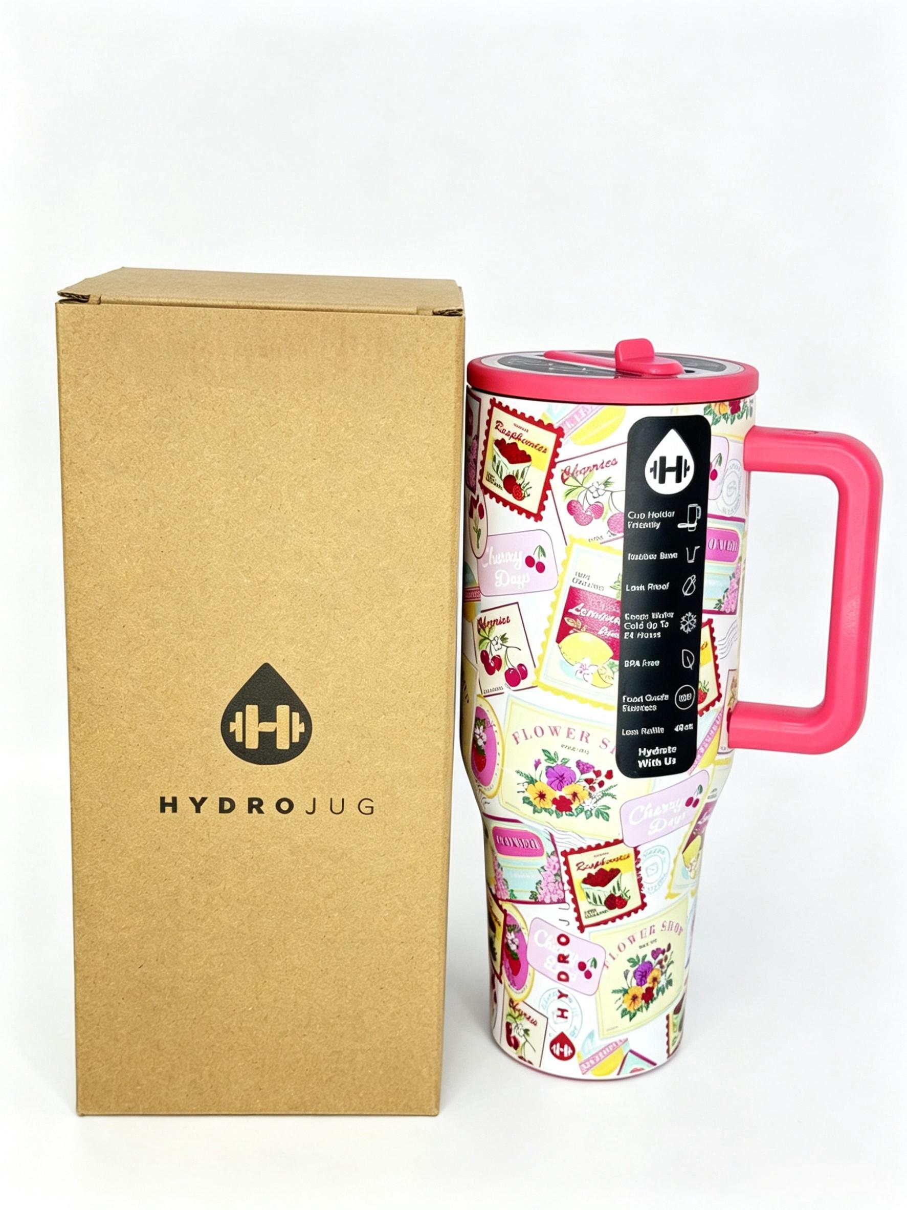 HydroJug 40oz Insulated Tumbler with Handle and Straw Leakproof Stainless Steel Travel Mug Cute Print Water Bottle for Coffee Iced Drinks Office Car Drinkware Flasks Portable Bottled