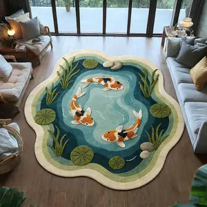 New Chinese style koi lotus pond shaped carpet, Decorative area rug, blue-green plush floor mat, anti slip and absorbent foot mat, entrance foyer wear-resistant pad, suitable for new Chinese/Zen style home decoration