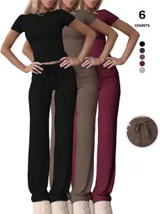 Women's Slim Fit Cropped T-Shirt & High-Waisted Flared Pants Sportswear Set, Casual Style, All Seasons Wear, Perfect for Daily, Athleisure Wear Set