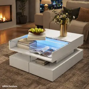 Modern Square Adjustable Height Convertible Dual-Use Coffee Table - MDF+Glass-Clear High-Gloss Top, Lift-Top Drop-Down Design, 2-Drawer Hidden Storage, LED Lights for Living Room, Drawer-Style Indoor Table, Drawer-Style Coffee Tables, Convertible Coffee T