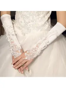 Wedding Gloves Bridal Satin Fingerless Gloves with Large Dragon Flower White