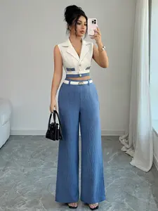 Women's Luxury Commuter Style, Colorblock Suit Collar Sleeveless Vest, High Waist Blue Textured Wide Leg Pants Set, Elegant