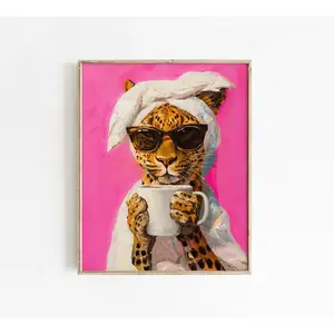 Leopard Drinking Coffee Maximalist Oil Painting, Dopamine Dining Room, Colorful Trendy Kitchen, Vivid Morning Poster    For Living Room Bedroom Office Decor Modern Wall Art Statement Piece
