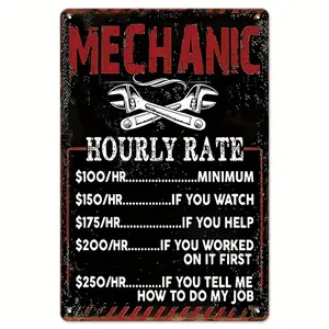 Vintage Mechanic Shop Metal Sign - Humorous Hourly Rate Wall Decor for Man Cave, Garage, Workshop, or Cars, Retro Tin Sign with Wrench & Tools Design, Workshop Decoration